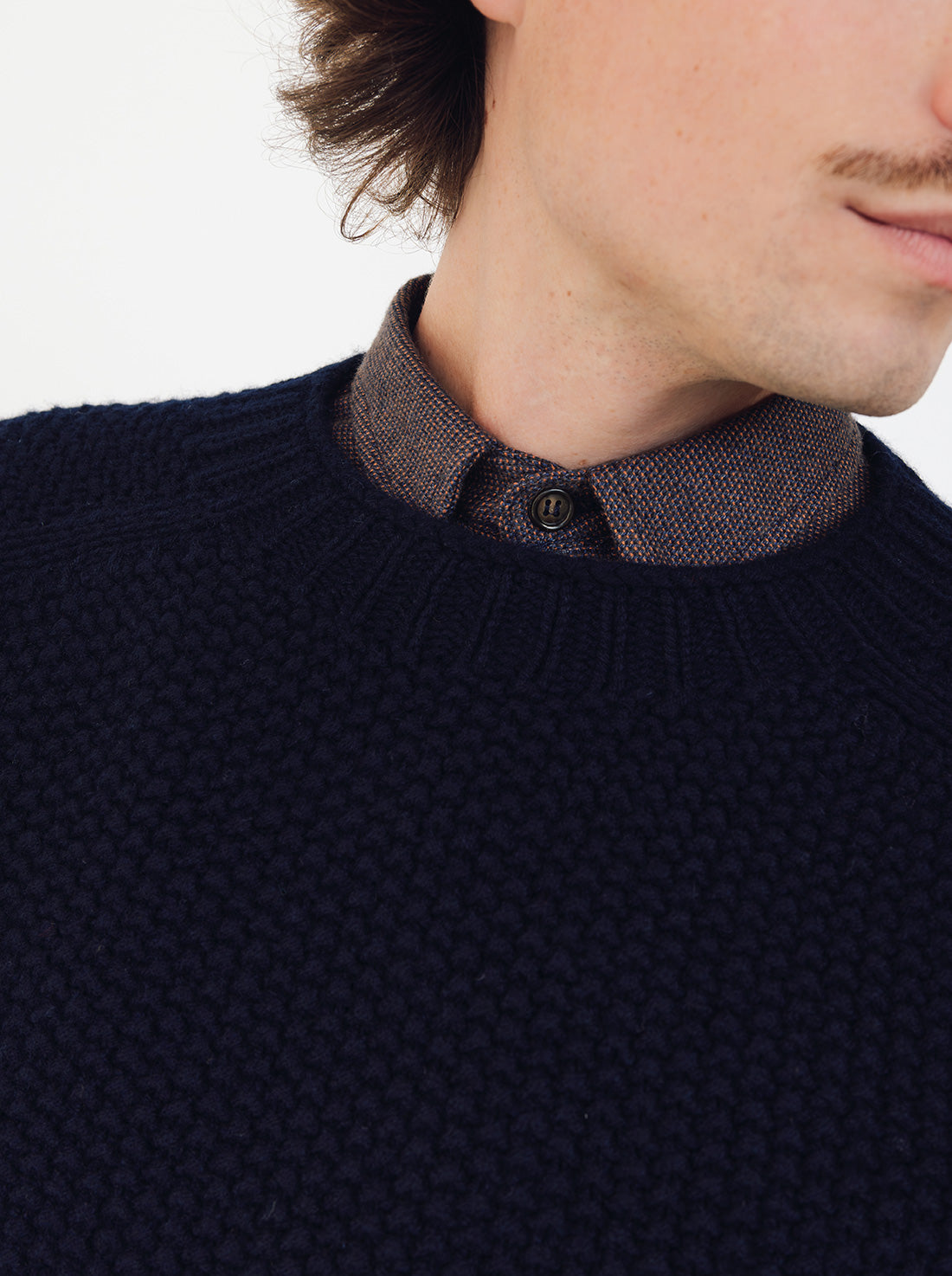 Moss Stitch Wool Sweater - Dark Navy