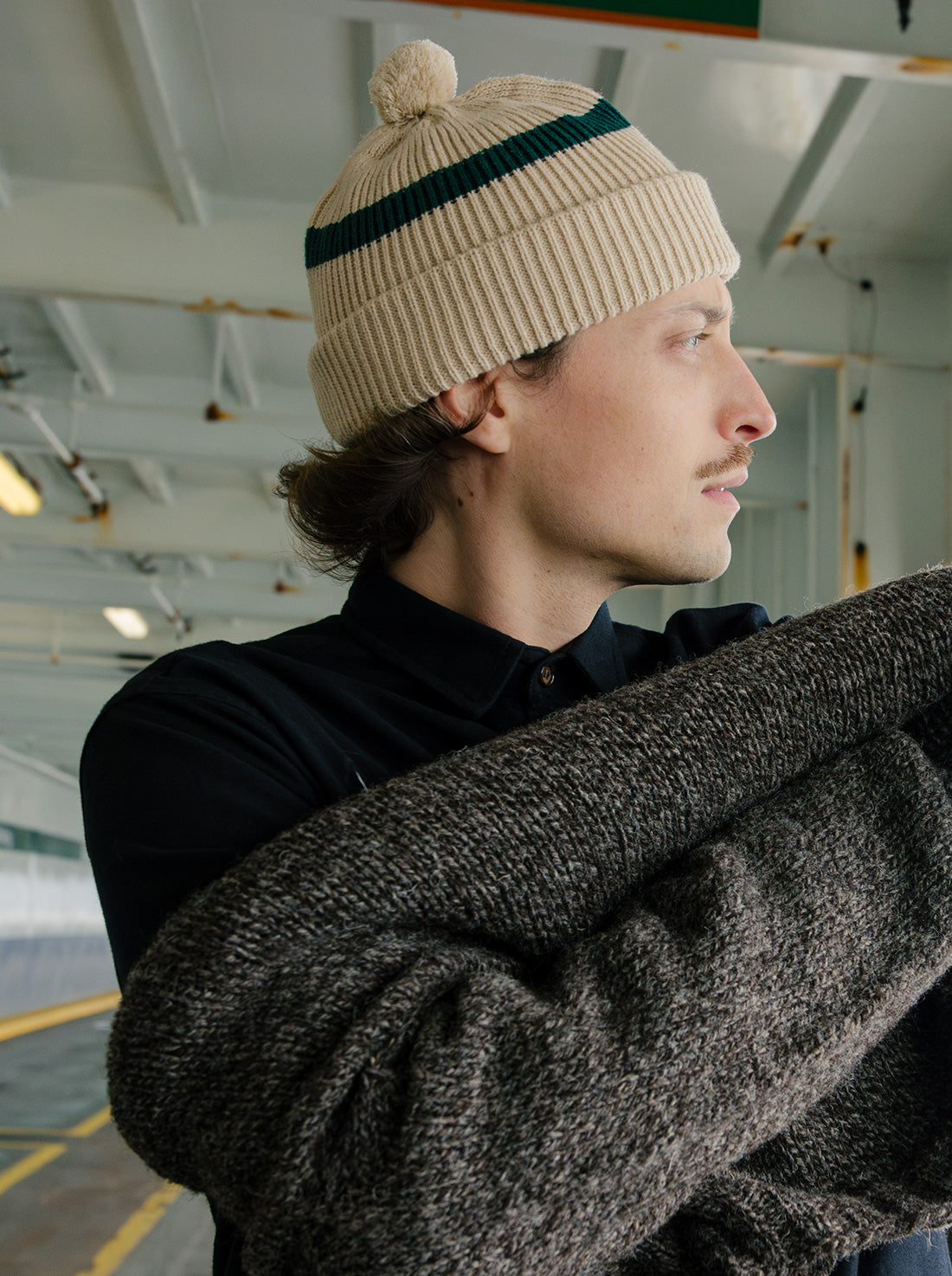 Stripe Pom Pom Beanie - Ecru