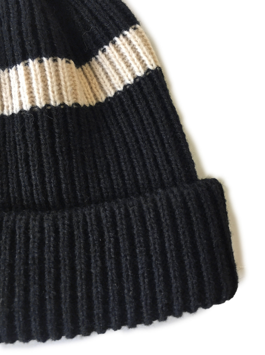 Stripe Pom Pom Beanie - Black