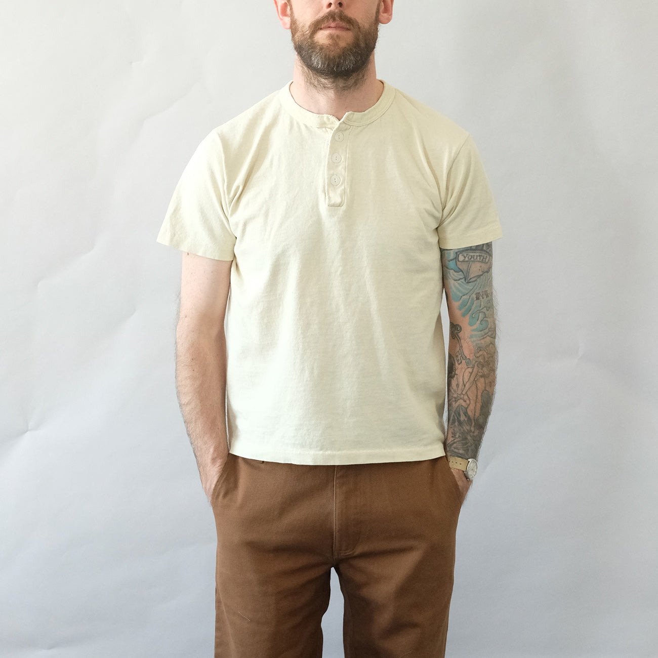 Pigment Dyed Henley Tee  - Oat Milk